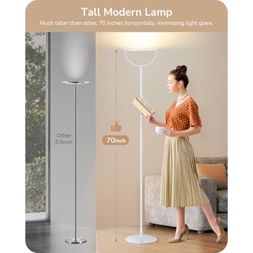 EDISHINE 76" Tall Floor Lamp, 28W 2500LM Bright LED Lights for Living Room, 300¡Æ Flexible Head Modern Torchiere Corner Lamps with Remote, 2700K-6500K Dimmable Standing Lamps for Bedroom, Office, White