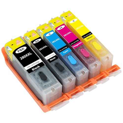 PGI-280 CLI-281 Refillable Ink Cartridges, 5 Color Pack Use with PIXMA TS6120 TS6220 TS6320 TS8120 TS8220 TS8320 TR7520 TR8520 TR8620 TS9120 TS9520 TS9521C TS702