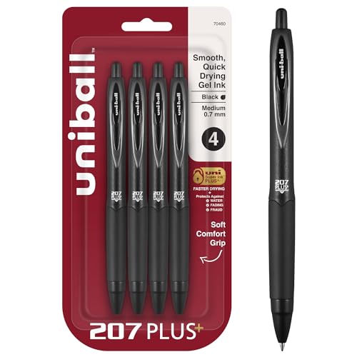 Uni-Ball 207 Plus+ Gel Pens Pack of 4 - Black Ink, 0.7mm Medium Point, Retractable