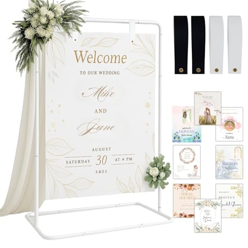Welcome Sign Stand, Adjustable Sign Holder Stand w/ Poster Design Templates & Leather Straps, Heavy Duty Metal Easel for Wedding, Bridal Shower, Birthday Party, Baby Shower, 68" x 30" x 20"