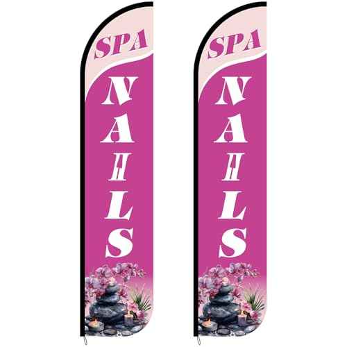 2 Pack Nails Sign & Spa King Flags 12 ft x 2.5 ft Nail Sign Advertising Feather Banner Swooper Flag for Outside Advertising Marketing Nail Salon, Hardware Not Included (Updated Design)