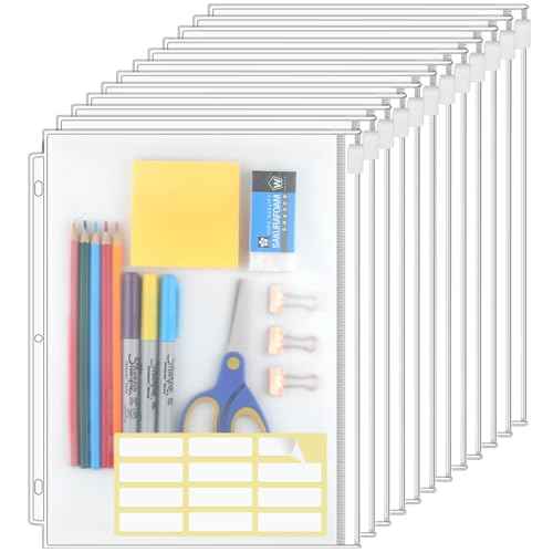KTRIO Letter Size Binder Pockets 3 Ring Binder Zipper Pouch 12 Pack, 3 Holes Clear PVC Loose Leaf Bags 8.5"¡¿11" Document Folders for Business Office School Supplies