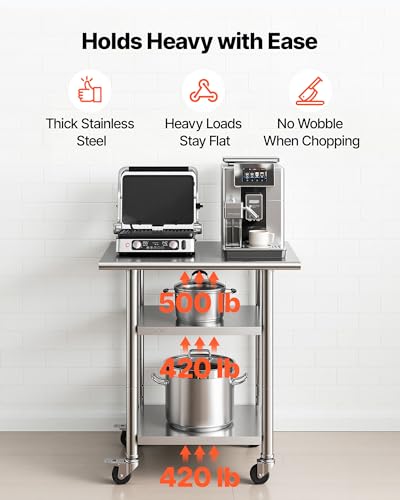Stainless Steel Work Table 24x30 Inch with Shelves & Lockable Wheels for Commercial Kitchen