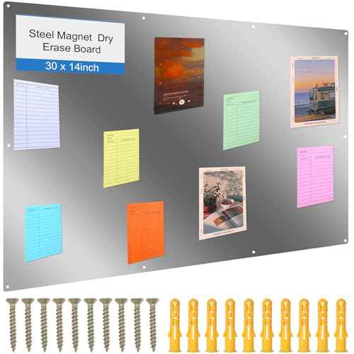 Ireer Magnetic Board Steel Magnet Bulletin Boards for Walls to Display Magnetic Notes Photos for Home Office Classroom, Pre Drilled with Screws and Dry Wet Erase Feature(Steel Color,30 x 14 Inch)