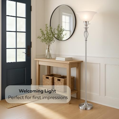 LIGHTACCENTS Torchiere Floor Lamp with White Alabaster Glass Shade ? Tall Standing Lamp with Iron Scrollwork and Brushed Nickel Finish ? Modern Floor Lamp for Living Room and Office