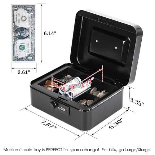 KYODOLED Cash Box with Combination Lock Safe Metal Money Box with Money Tray for Security Lock Box 7.87"x 6.30"x 3.35" Black