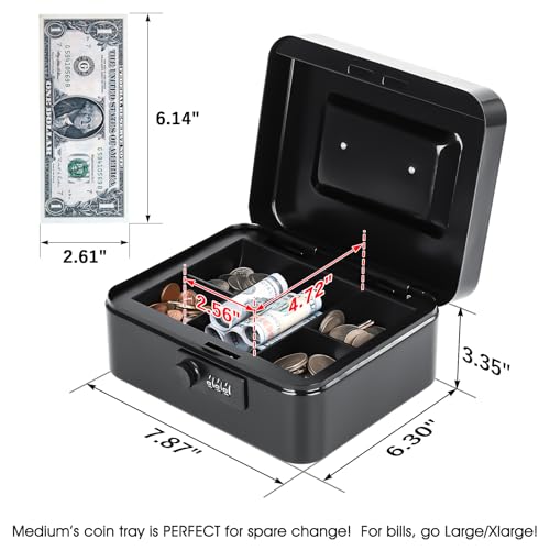 KYODOLED Metal Cash Box with Combination Lock & Money Tray - Secure Safe for Home, Office & Events, Ideal for Cash, Meds & Small Items, 7.87" x 6.30" x 3.35", Black, 4PACK
