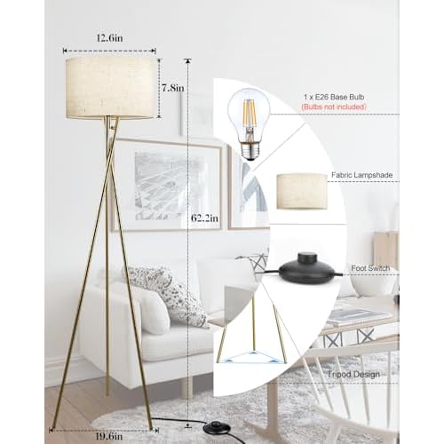 Lightdot 62IN Tripod Floor Lamps for Living Room, Modern Standing Lamp with Off-White Fabric Shade, Mid Century Industrial Standing Tall Lamp for Bedroom, Home Office-Gold