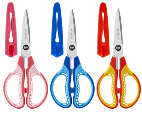 Kids Scissors 7-Inch Safety Craft Scissors for Ages 8-12 with Cover - Blue/Pink/Red, Left/Right Handed