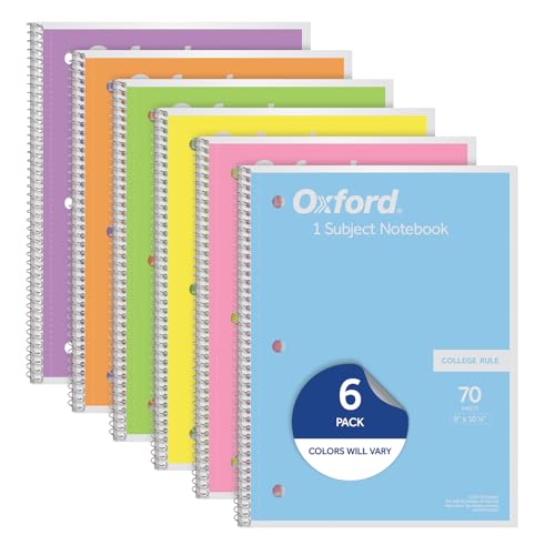 Oxford 1 Subject Spiral Notebook - College Ruled Pastel Colors, Set of 6, 8 x 10.5 Inches, Pastel Pink, Orange, Yellow, Green, Blue, Purple, College Rule