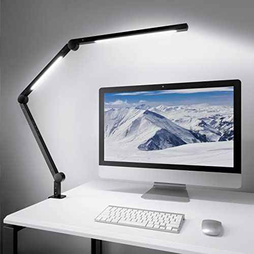 MediAcous LED Desk Lamp with Clamp, Dual Light Desk Lamp with Swing Arm, 4 Color Modes & 4 Brightness Metal Table Lamp, Eye-Caring Clip-on Lamp with Memory Function for Home Office Work Study
