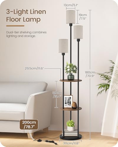 GOEBLESON Rustic Brown Beige 70.9-inch Floor Lamp with Shelves & Linen Shades