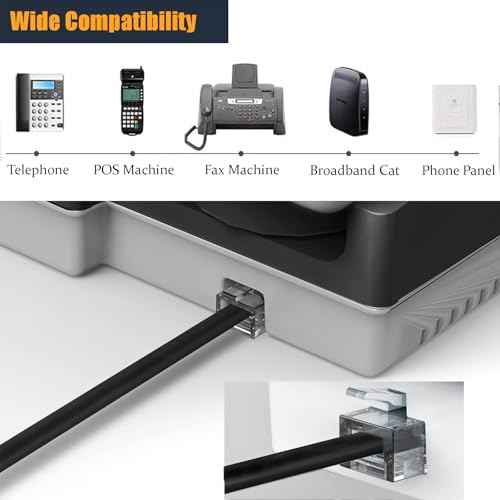 15FT Telephone Extension Cord Cable, Landline Phone Line Wire with RJ11 6P4C Plugs, Includes Cable Clips - Black - 2 Pack