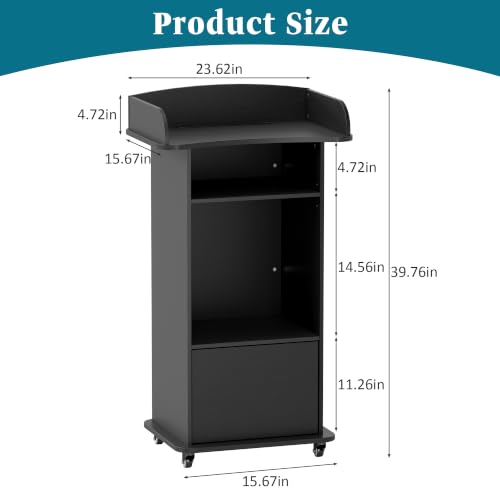 Mobile Wooden Podium Stand with Lockable Wheels and Storage Shelf
