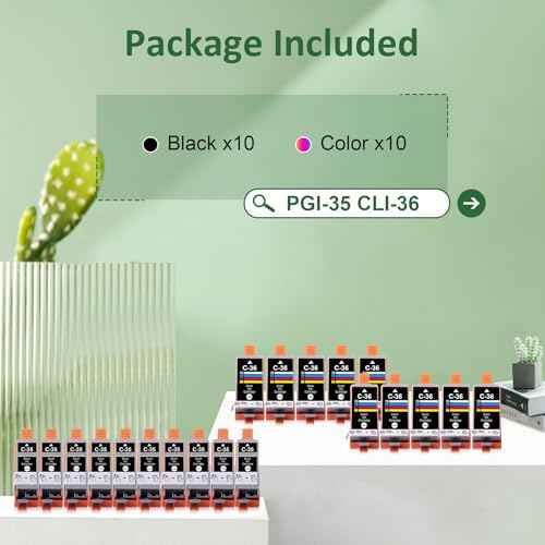 Compatible TR150 Printer Ink PGI-35 CLI-36 Ink Cartridge Replacements for Canon 35 36 Ink Cartridge Work with Canon Pixma TR160 TR150 iP110 iP100 Printer (10 Black, 10 Tri-Color) 20 Pack