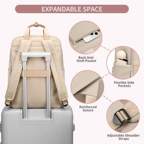 Laptop Backpack for Women Carry On Backpack Travel Backpack with Laptop Compartment for Work Travel Business Fit 16 Inch Notebook, Apricot