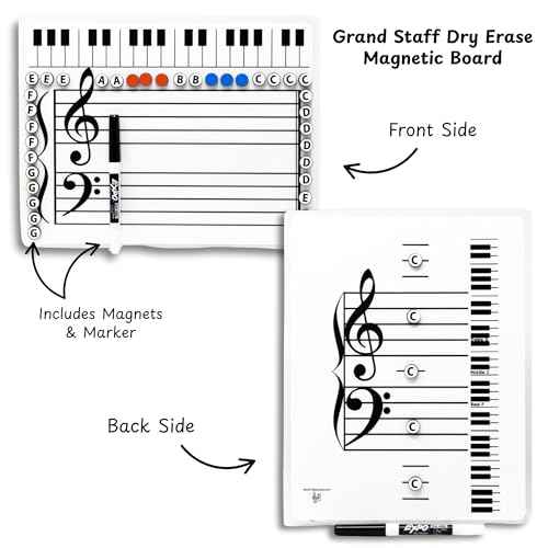 Kits Grand Staff Dry Erase Magnetic Music Theory Board with 35 Note Magnets and Marker (9 x 11.5 Inches) - Piano Teaching Tool, Music Staff Whiteboard, Keyboard Practice Aid