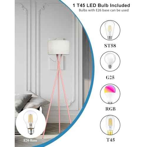 Lightdot Pink Tripod Floor Lamp, Modern Floor Lamps for Living Room, Standing Lamp with Linen Shade, E26 Bulb Included, 66" Tall Floor Lamp for Bedroom, Home Office