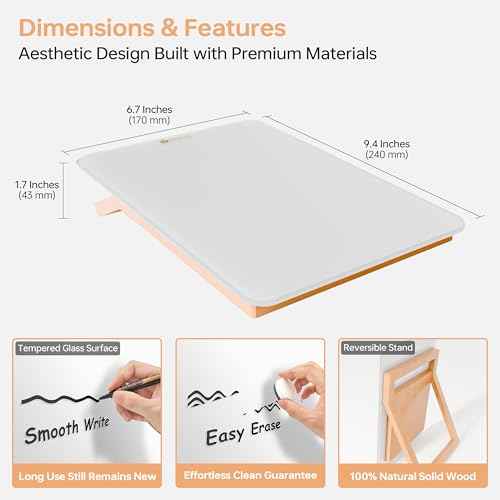Desktop Glass Whiteboard with Reversible Wood Stand, Small White Board, Mini Dry Erase Whiteboard Easel for Desk, Reusable Desk Notepad 9.5"x6.7" for Home, Office, Accessories Included, Yeoux