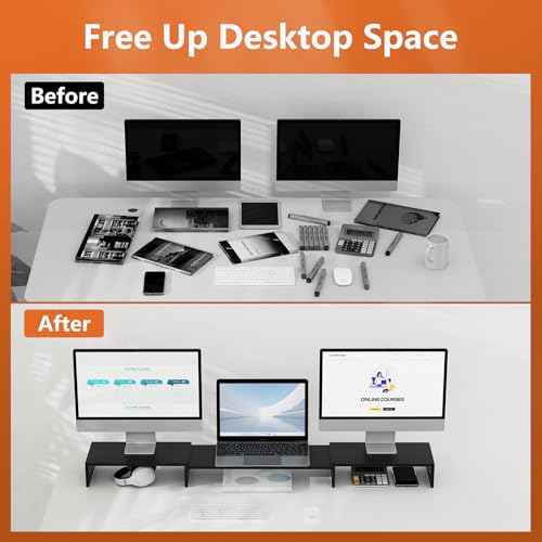 Triple Monitor Stand Riser, Extra Long Monitor Riser for 1~2~3 Monitors, Dual Monitor Stand with Length and Angle Adjustable, 3 Shelf Monitor Stand for Desk