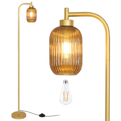Glass Floor Lamps for Living Room, Vintage Gold Standing Lamp with LED Bulb, Amber Stripe Glass Shade, Foot Switch, Mid Century Modern Brass Tall Corner Lamp for Bedroom Office Reading Room