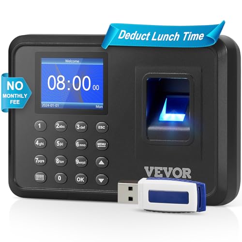 VEVOR Time Clock, Fingerprint Time Clocks for Employees Small Business, Biometric Time Clock with USB Drive, Automatic Punch in/Out, No Monthly Fees