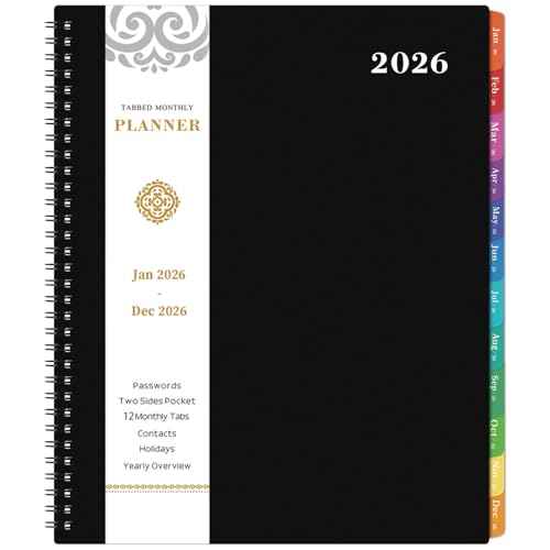2026 Monthly Planner - JAN 2026 - DEC 2026 Planner/Calendar,12 Monthly Planner with Contacts & Passwords, 8.5" x 11" Planners 2026, Colorful Tabs, Thick Paper, Black