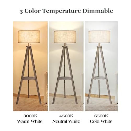 ELYONA Tripod Floor Lamp with 3 Color Temperatures LED Blub, Wood Floor Lamp with Table - Farmhouse Tall Reading Standing Light for Living Room, Bedroom, Office, Study Room, Pull Chain Controls, Grey