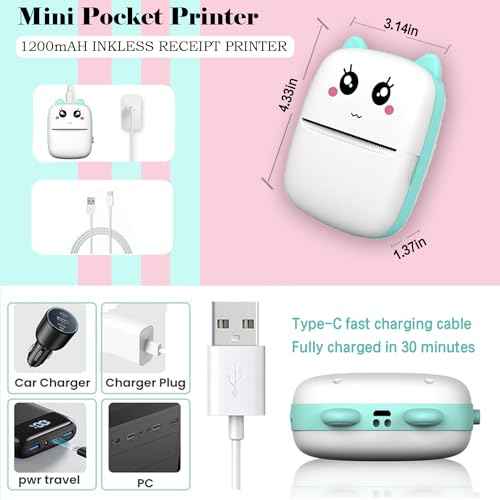 Mini Sticker Printer USX1, Inkless Thermal Pocket Receipt Printer, 203DPI, Bluetooth, Pink, 11 Rolls Paper, iOS & Android Compatible
