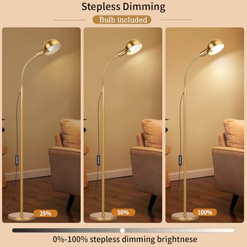 Gold Floor Lamp with Flexible Gooseneck and Rotatable Shade£¬Standing Lamp Include Dimmer LED Bulb£¬Ideal Tall Lamp with Dimmer and Timer Switch for Reading,Bedside and Living Room (Gold)