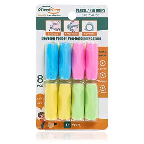 Ergonomic Pencil Grips Silicone 8 Pcs for Kids and Adults Handwriting, Gel Pen Grips with 3 Concaves, 1 Pack 4 Colors