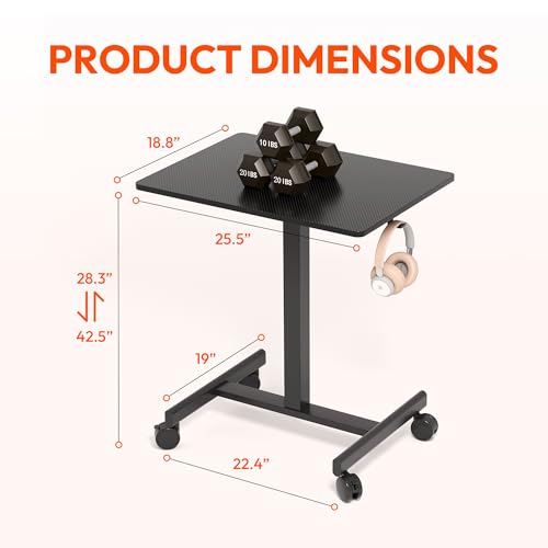 Gamork Carbon Fiber Black Standing Desk on Wheels, Pneumatic Height Adjustable, Mobile Home Office Desk