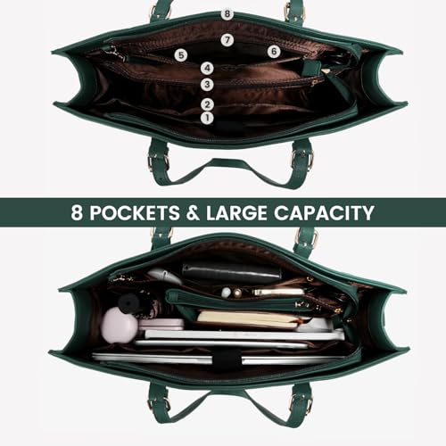 LOVEVOOK 17.3-inch Laptop Bag for Women, Large Capacity Travel Tote Bag with Clutch Purse 2PCs Set, Professional Business Computer Work Bag, Leather Shoulder Briefcase for Office Lady, Deepgreen