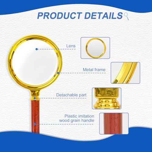 10x Handheld Magnifier, Reading Magnifier for Children Elderly for Hobbies and Science, 80mm Plastic Gold Plated Frame Electroplated Faux Wood Grain Handle