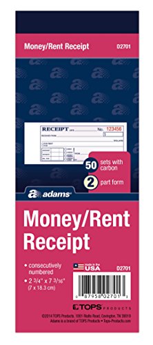Adams 2-Part Money/Rent Receipt Book, 50 Sets, 2-3/4 x 7-3/16 in