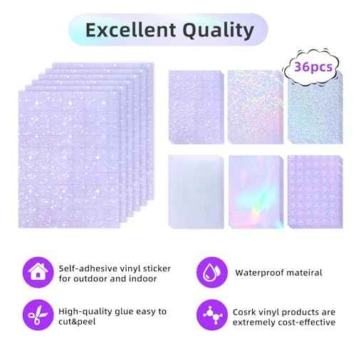 36 Sheets Holographic Laminate Sheets Transparent Holographic Sticker Paper Self Adhesive Laminating Sheets Clear Vinyl Waterproof Overlay for Sticker Pape, 8.5x11 inch 6 Patterns