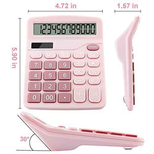 Office Desk Calculator with Solar Power, 12 Digits Large LED Display, Calculators Desktop with Big Buttons, Pink Office Home School Supplies (Pink)