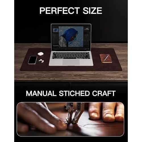 YSAGi Genuine Leather Desk Mat, 31.5"x15.8" Office Desk Pad, Thick Premium Table Pad with Stitched Line, Non-Slip Laptop Writing Pad with Rubber Base (Dark Brown, 31.5"x15.8")