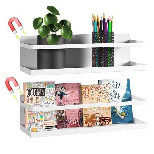 2 Pcs Metal Magnetic Book Shelf for Whiteboard, Metal Magnetic Bookshelf, Book Display Shelf for Teacher Kids Classroom Office (White, 11" x 4.3" x3.1")