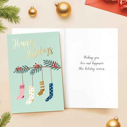 24 Pack Gold Foil Christmas Cards with Envelopes and Inside Messages 6 Assorted Designs Christmas Cards Bulk for Friends, Family, Kids, Boys, Girls.