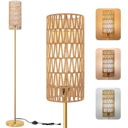Floor Lamp for Living Room,Farmhouse Rattan Floor lamp,Modern Standing lamp with 3 Color LED Bulb,Gold Tall Lamp with Foot Switch