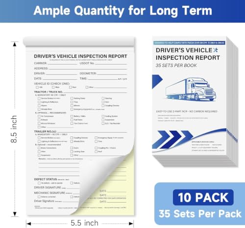 DVIR Inspection Books, 10 Pack, 2-Part NCR—Pre-Trip Truck Forms by Foliom (Variant 10)