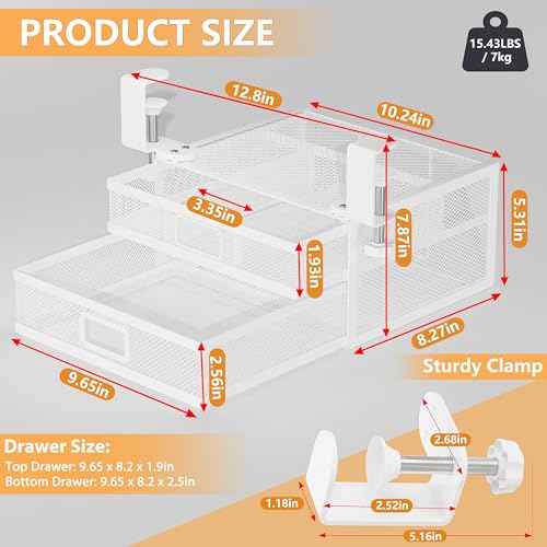 Sliding Under Desk Drawer Organizer No Drilling 2 Drawers Slide Out Desktop Or Under Table Storage Metal Clamp On Desk Drawer Attachment Anti-Slip Desktop Organizer for Home & Office, White