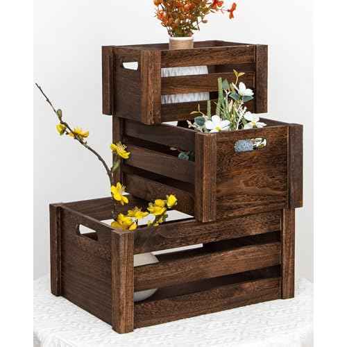 Large Vintage Black Wooden Crates For DispalyWood Crates With Handles,Rustic Handmade Wood Boxes For Storage Or Display,Solid Wood Decorative Boxes