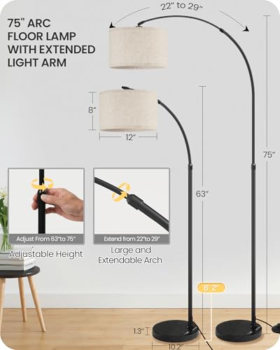 Black 75-Inch Dimmable Arc Floor Lamp with Marble Base & Remote - GOEBLESON