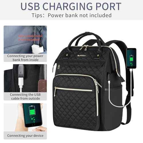 EMPSIGN 17 Inch Laptop Backpack for Women, Work Business Travel Computer College Bags, Large Capacity Water-repellent Quilted Casual Daypack with USB Port, Black