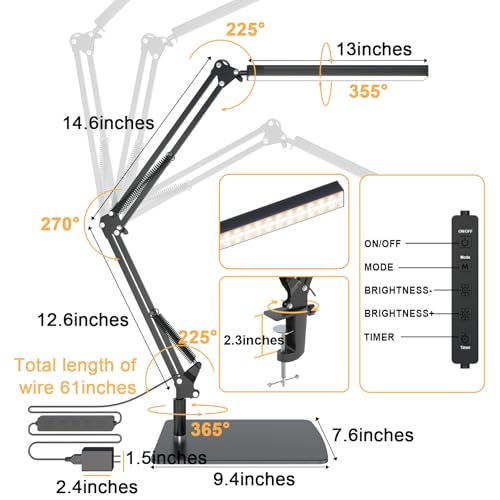LED Desk Lamp for Home Office and Round Base, Clamp-On with 5 Light Modes & Auto Shut Off | 14W Adjustable Brightness 5000K Eye-Caring Lighting for Study/Bedroom/Computer Desk