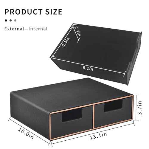 Linen Leather Desk Organizer and monitor stand with Drawers£­Mini Desktop Drawer Organizer Stackable£­Tabletop Organization Storage Box for Office Supplies Home Vanity Toiletries (Black, 2-drawers)
