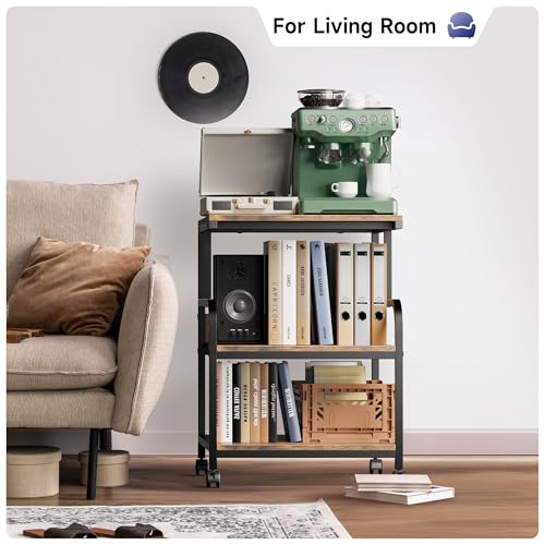 Warmiehomy Printer Stand, 20¡¿16¡¿28'' Printer Table with Wheels, 3 Tier Rolling Cart with Adjustable Storage Shelf, Space Saving 3D Desk for Home Office, Mini Fridge & Heat Press Stand, Rustic Brown
