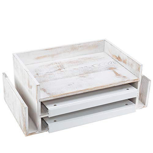 MyGift 3-Tier Desk Organizer & File Tray, Wood Letter Holder for Office, Farmhouse White Wood Desktop Document Organizer with Paper Storage